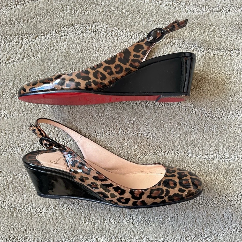 Christian Louboutin Cynthia Brown Leopard Patent Wedge Slingback Sandals IT 37